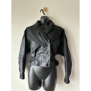 Vintage 80's Women's  Black Leather Jacket  Snakeskin Cropped Moto Jacket S